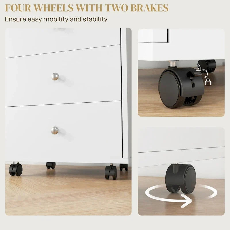 Meuble de rangement de bureau HOMCOM à 3 tiroirs, tiroir de bureau sur roulettes avec plateau amovible, support d'imprimante sous bureau avec rangement