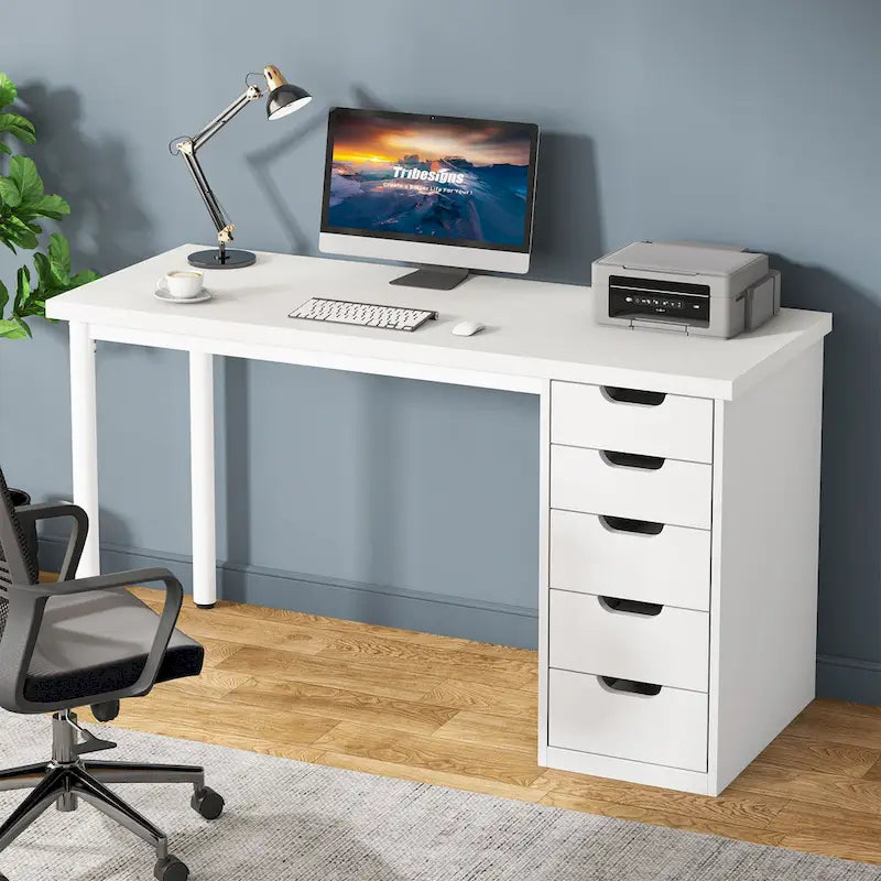 Bureau d'ordinateur en bois de 47 pouces avec 5 tiroirs, bureau d'écriture avec cadre en métal pour chambre à coucher ou bureau