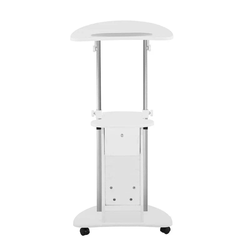 Chariot d'ordinateur portable réglable blanc à roulettes avec rangement, convertible assis-debout