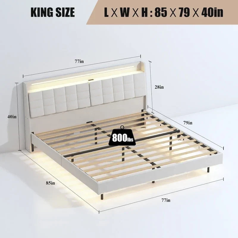 Lit flottant KingSize avec rangement dans la tête de lit et lumières LED RVB, beige