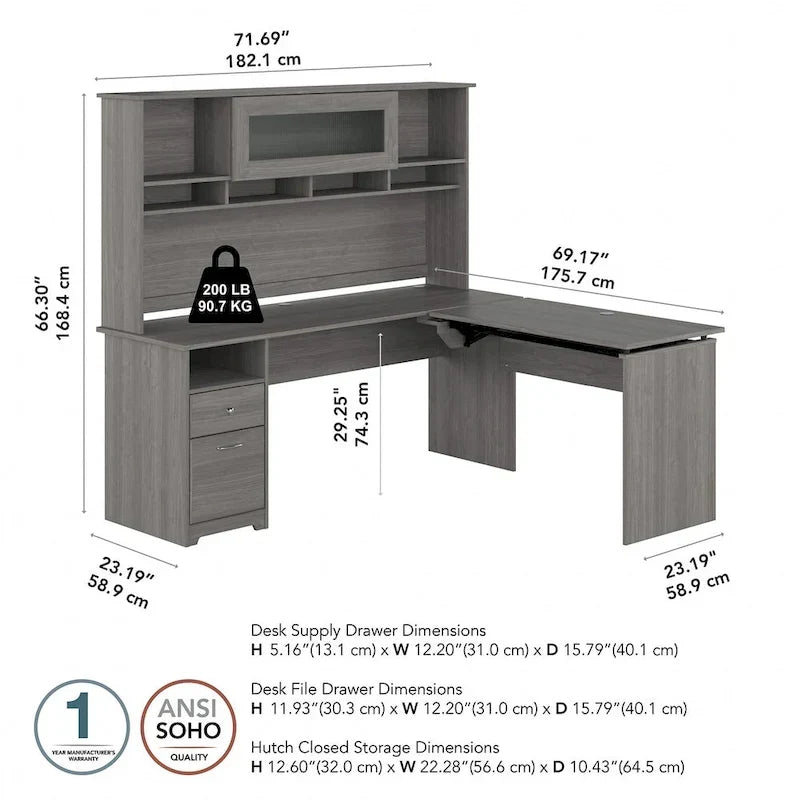 Bureau assis-debout en forme de L à 3 positions de 72 W avec huche, par Bush Furniture