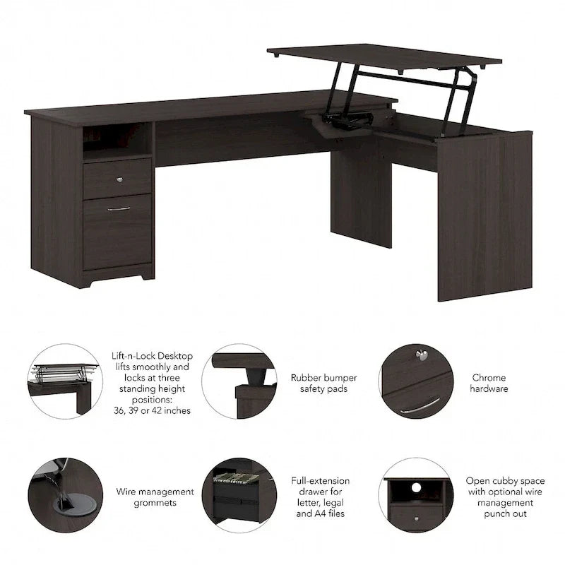 Bureau assis-debout en L à 3 positions de 72 W de Bush Furniture