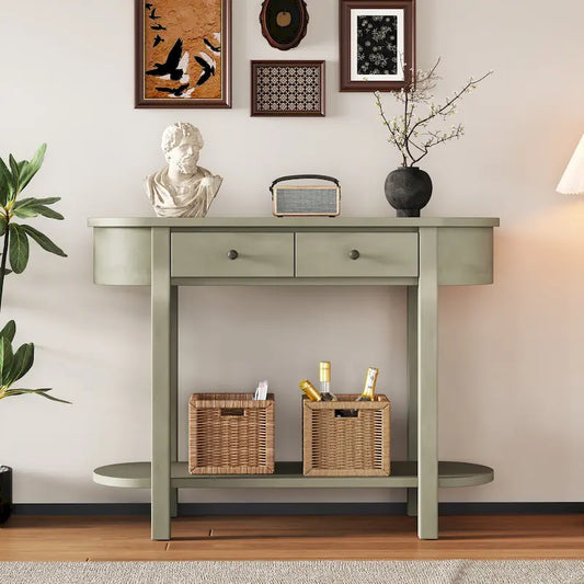 Console de style vintage avec 2 tiroirs de rangement, étagère inférieure ouverte et design incurvé pour entrée de maison et hôtel