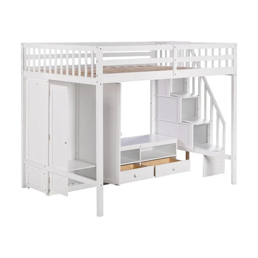 Lit mezzanine pleine grandeur avec armoire, table de rangement basse et escalier de rangement