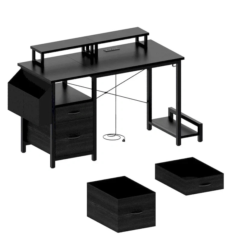 Bureau d'ordinateur moderne avec multiprise, supports pour deux moniteurs et 2 tiroirs pour le bureau à domicile ou l'organisation d'études
