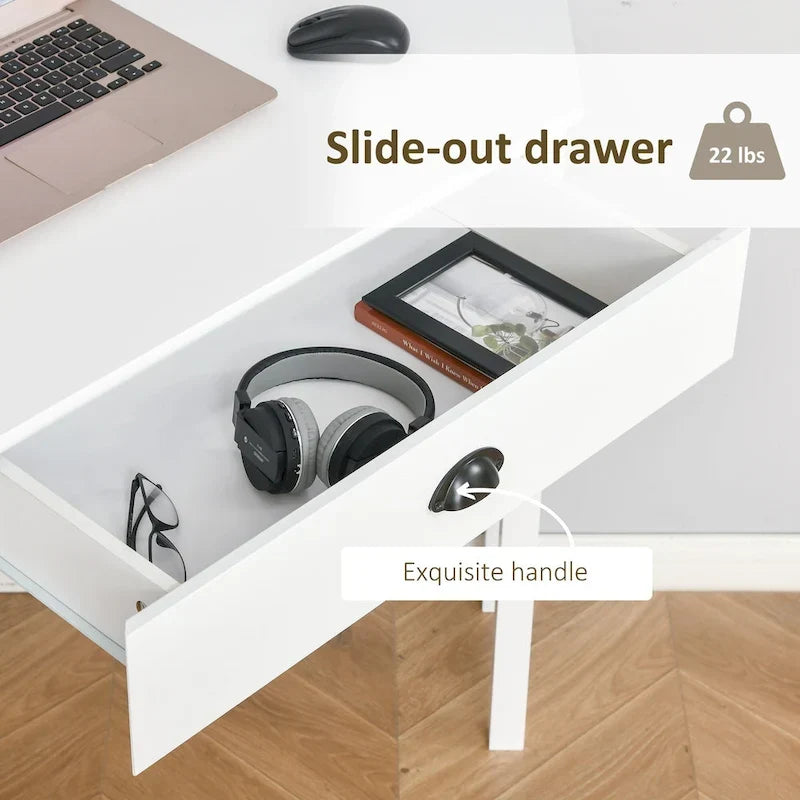 Bureau d'angle moderne et compact avec tiroir coulissant et étagères ouvertes pour petites pièces, espaces de travail ou zones d'exposition