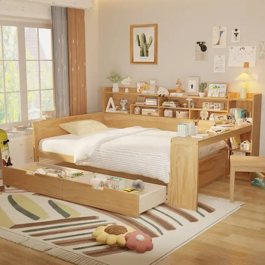 Lit banquette multifonctionnel grand format avec étagères de rangement, deux tiroirs et bureau intégré