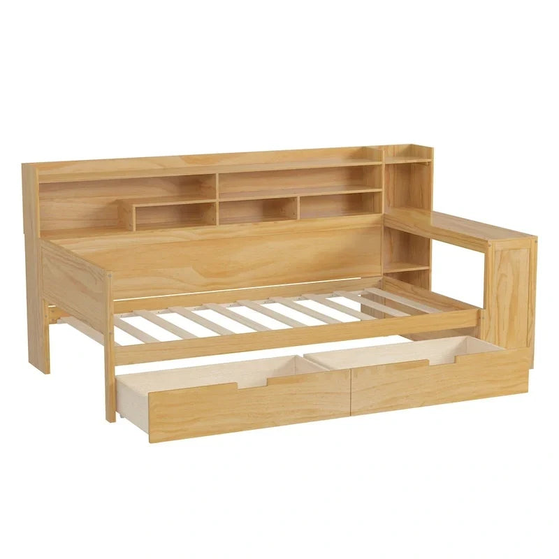 Lit banquette multifonctionnel grand format avec étagères de rangement, deux tiroirs et bureau intégré