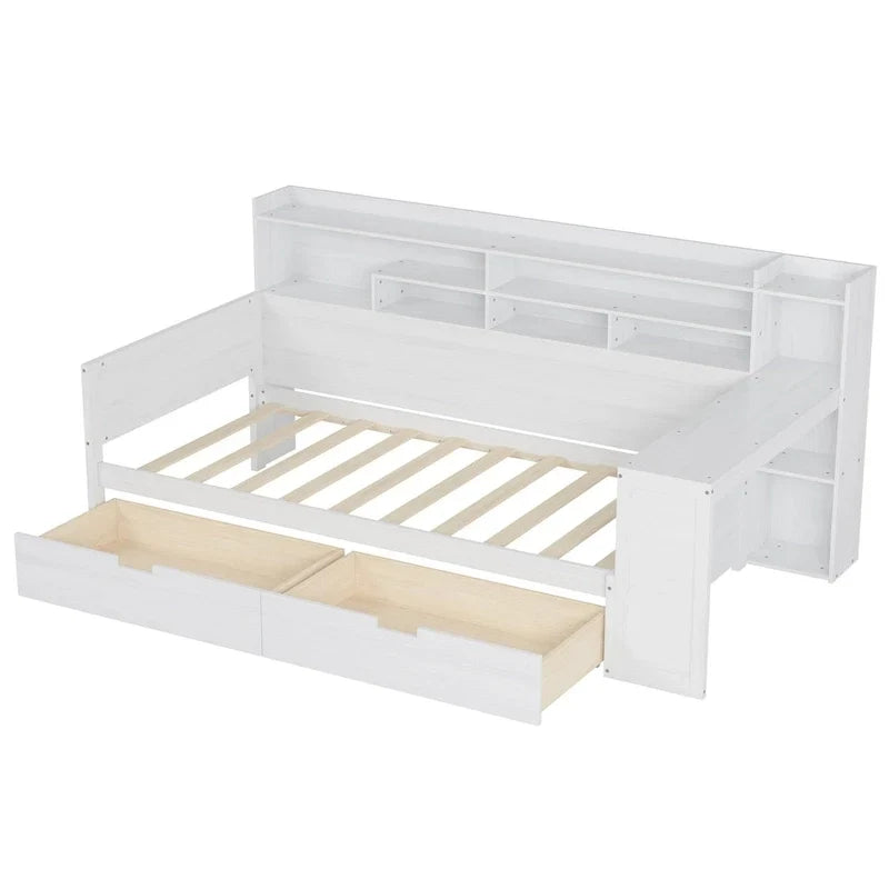 Lit banquette multifonctionnel grand format avec étagères de rangement, deux tiroirs et bureau intégré
