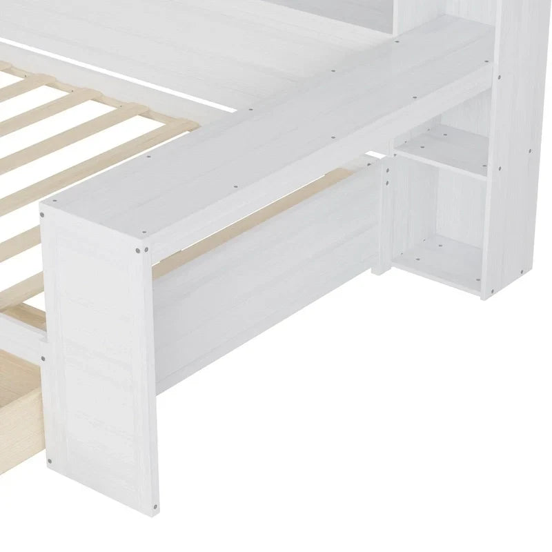 Lit banquette multifonctionnel grand format avec étagères de rangement, deux tiroirs et bureau intégré
