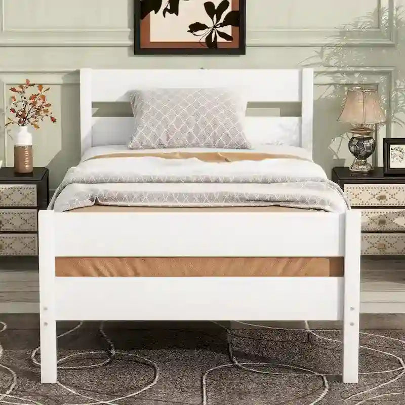 Lit jumeau avec tête et pied de lit, blanc, design compact avec rangement