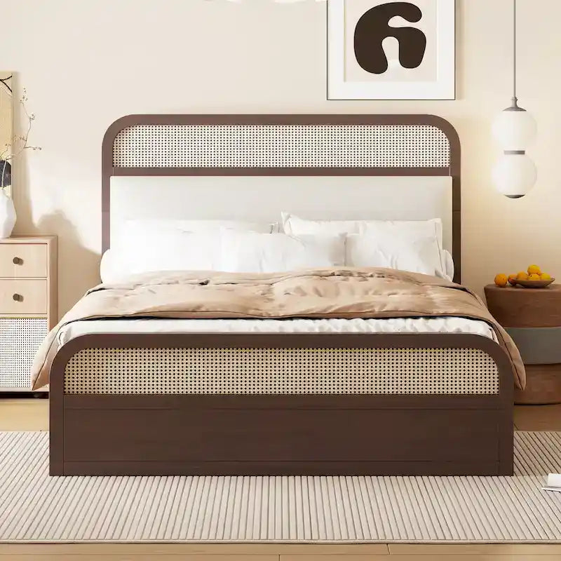 Lit plateforme en bois rotin bohème Queen avec tête de lit en bois, lit gigogne et 2 tiroirs de rangement