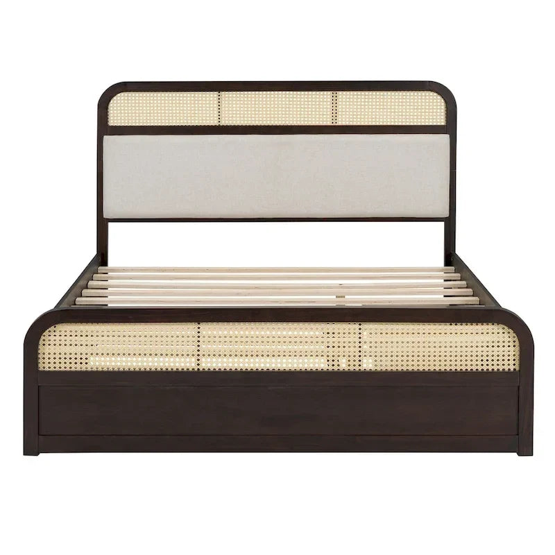 Lit plateforme en bois rotin bohème Queen avec tête de lit en bois, lit gigogne et 2 tiroirs de rangement