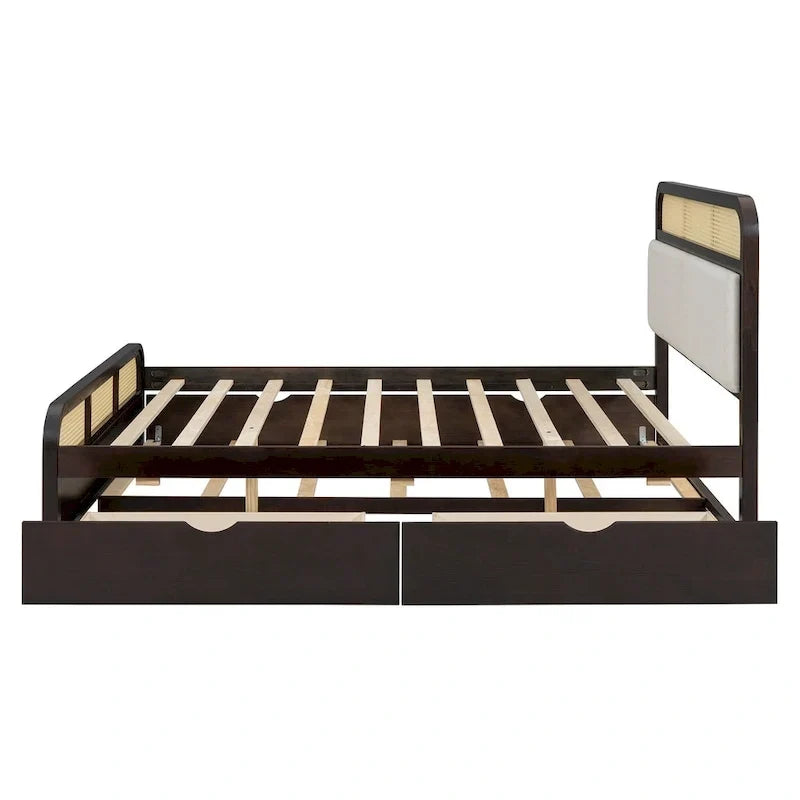 Lit plateforme en bois rotin bohème Queen avec tête de lit en bois, lit gigogne et 2 tiroirs de rangement