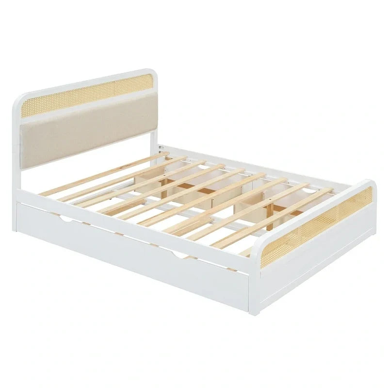 Lit plateforme en bois rotin bohème Queen avec tête de lit en bois, lit gigogne et 2 tiroirs de rangement