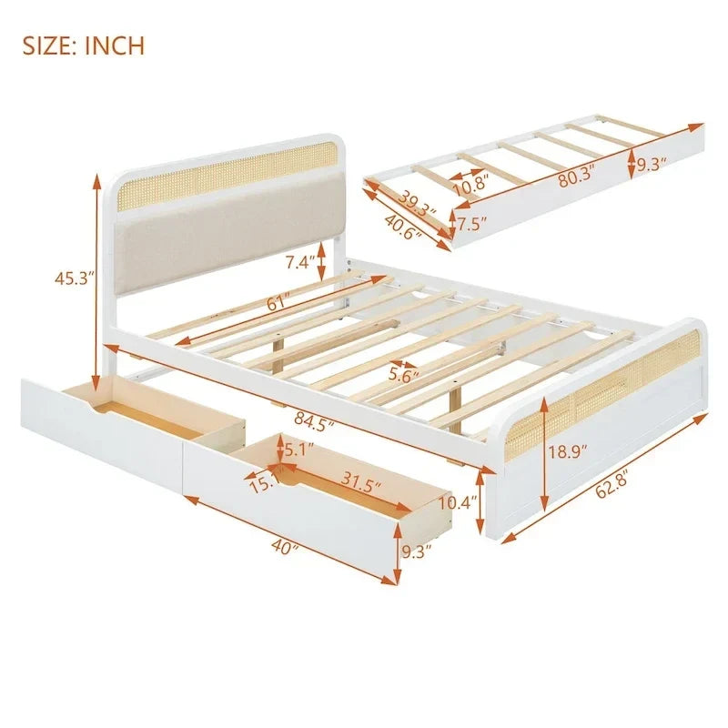 Lit plateforme en bois rotin bohème Queen avec tête de lit en bois, lit gigogne et 2 tiroirs de rangement