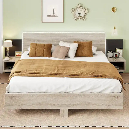 Lit plateforme flottant moderne King en bois avec éclairage LED, rangement intégré, et 2 tables de chevet.