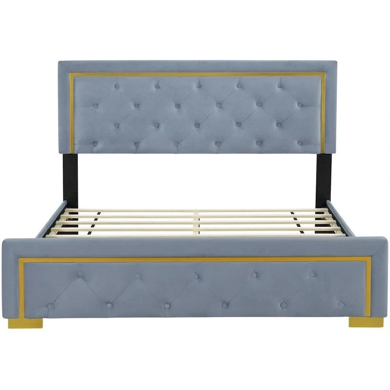 Lit plateforme capitonné Queen Size avec tête de lit capitonnée à points de traction