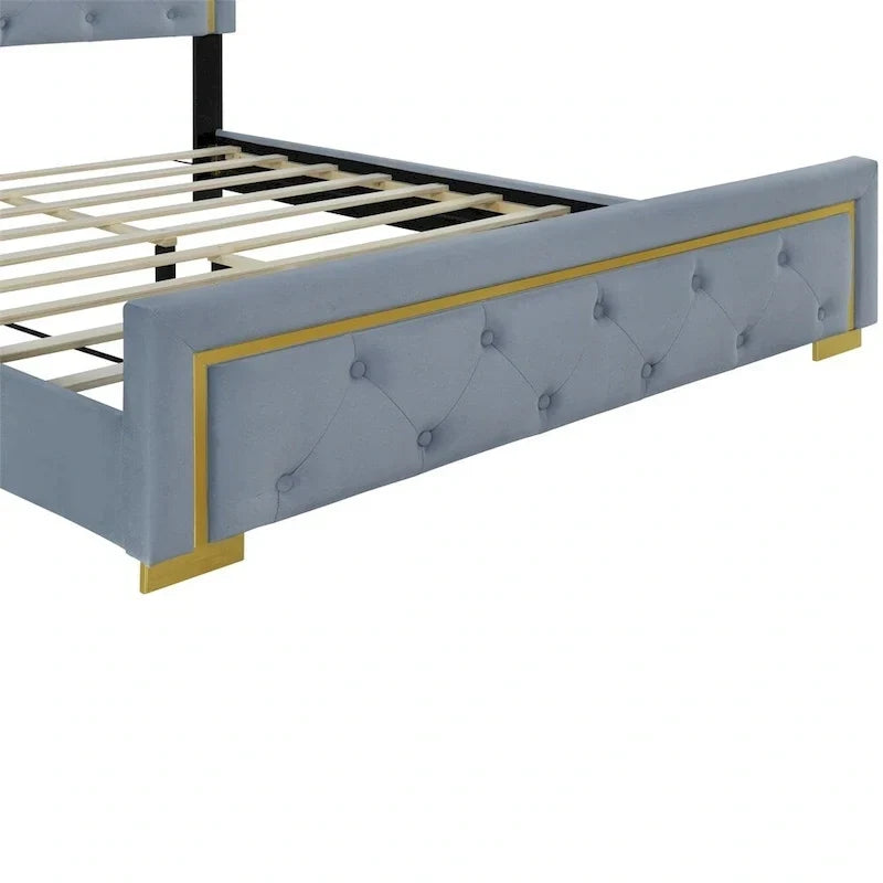 Lit plateforme capitonné Queen Size avec tête de lit capitonnée à points de traction
