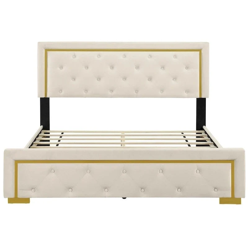 Lit plateforme capitonné Queen Size avec tête de lit capitonnée à points de traction
