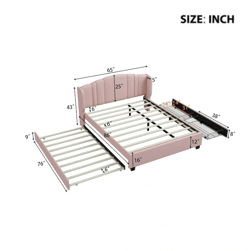Lit plateforme Queen en lin avec lit gigogne et 2 tiroirs, sommier tapissier non requis