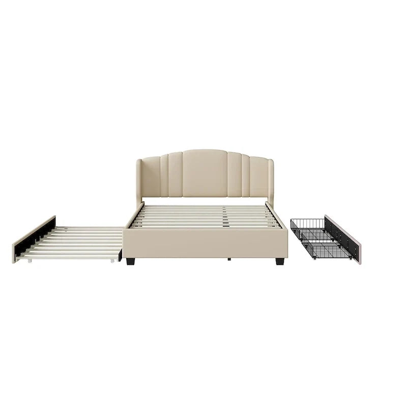 Lit plateforme Queen en lin avec lit gigogne et 2 tiroirs, sommier tapissier non requis
