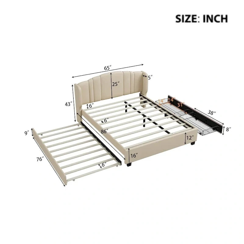 Lit plateforme Queen en lin avec lit gigogne et 2 tiroirs, sommier tapissier non requis