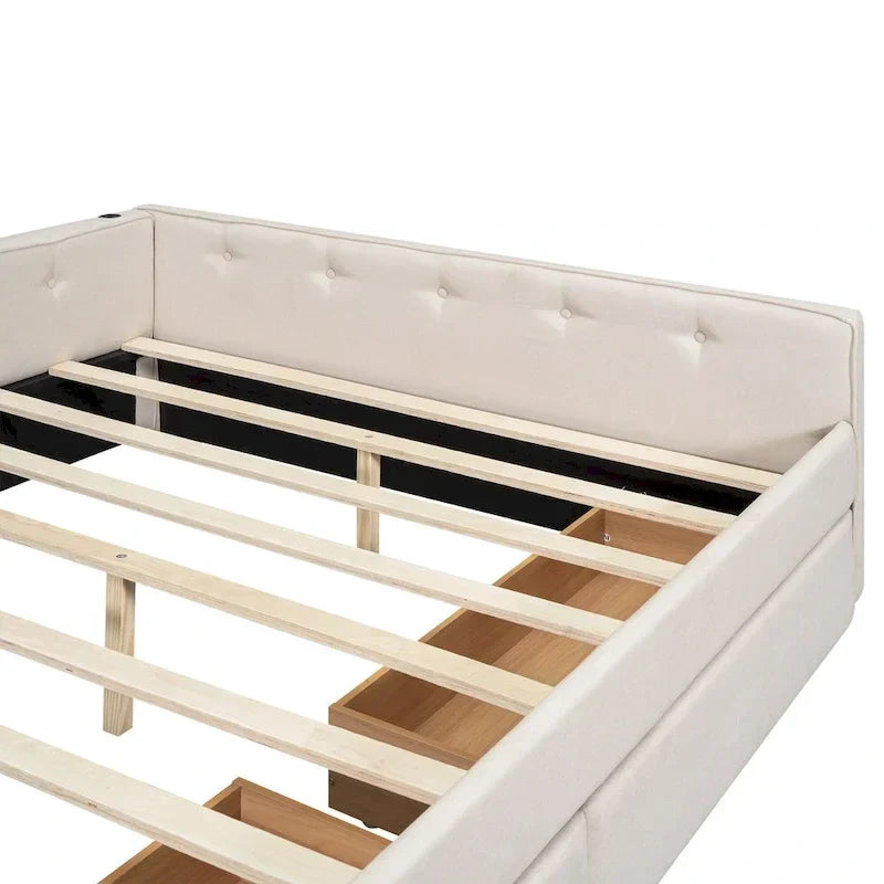 Lit plateforme rembourré avec banquette d'angle en L, 2 tiroirs et ports USB intégrés, canapé-lit bas avec balustrade capitonnée.