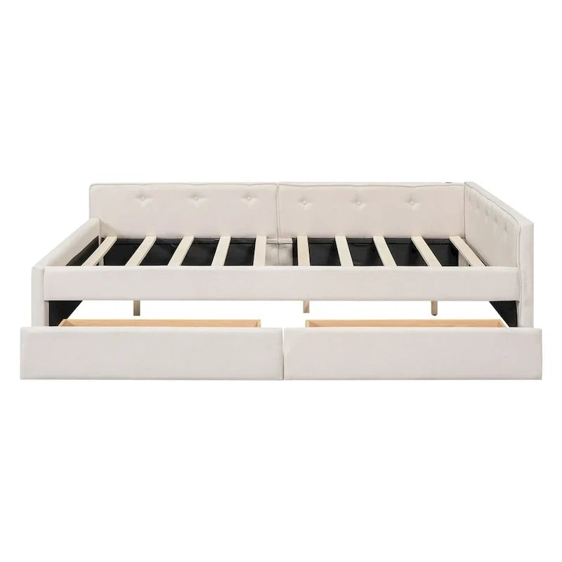 Lit plateforme rembourré avec banquette d'angle en L, 2 tiroirs et ports USB intégrés, canapé-lit bas avec balustrade capitonnée.