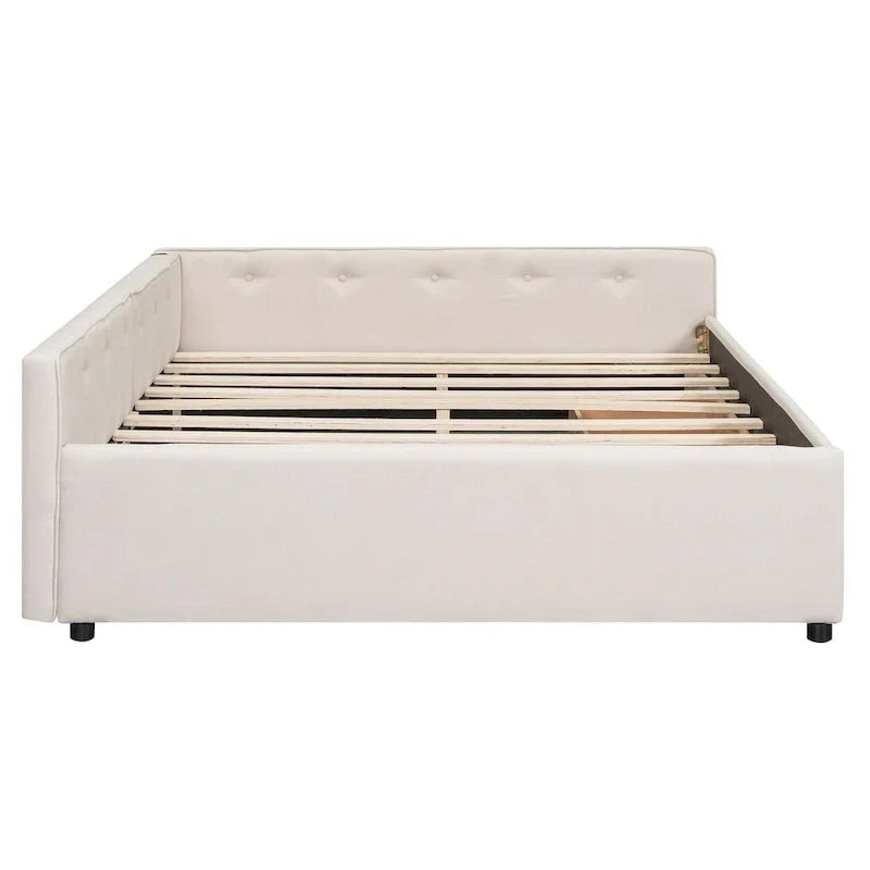 Lit plateforme rembourré avec banquette d'angle en L, 2 tiroirs et ports USB intégrés, canapé-lit bas avec balustrade capitonnée.