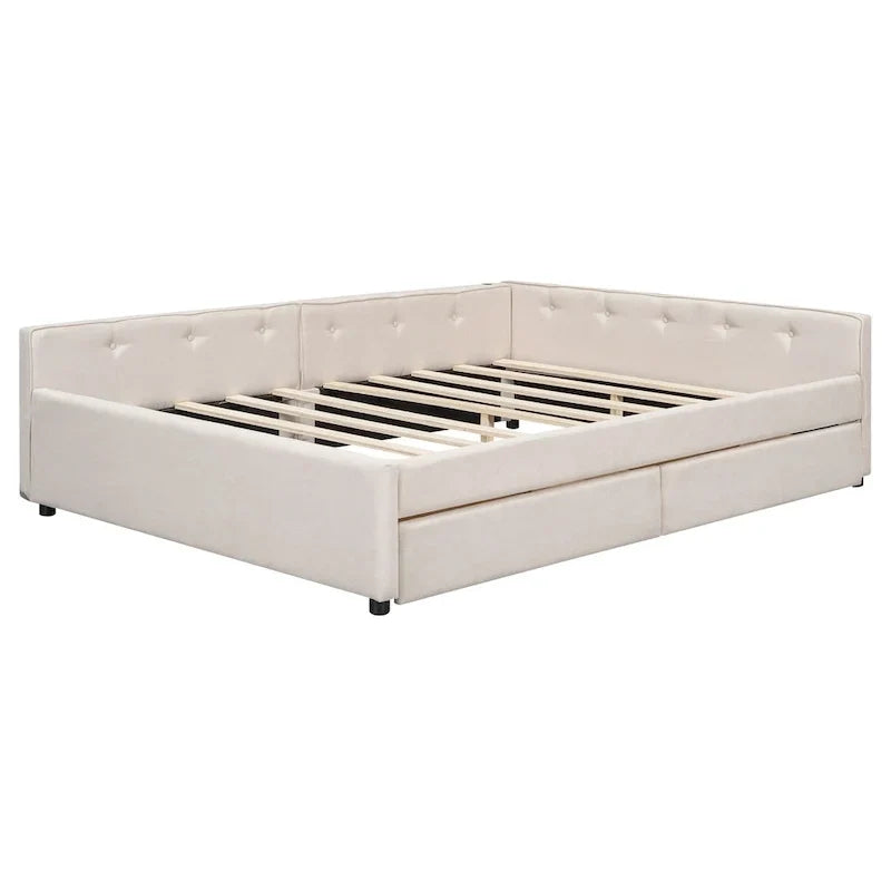 Lit plateforme rembourré avec banquette d'angle en L, 2 tiroirs et ports USB intégrés, canapé-lit bas avec balustrade capitonnée.