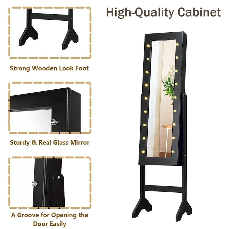 Costway Armoire à bijoux avec miroir et 18 lumières LED Noir