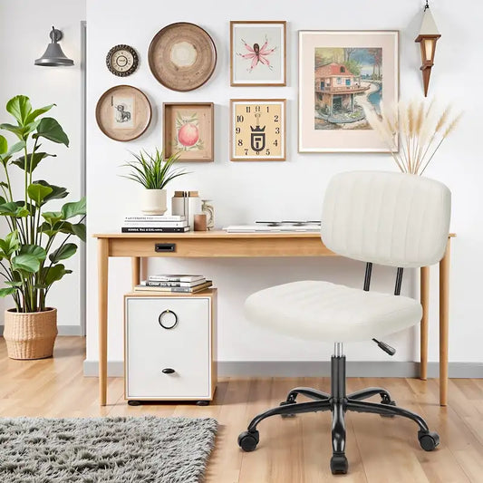 Petite chaise de bureau sans accoudoirs avec roulettes et soutien lombaire bas, fauteuil de coiffeuse roulant et pivotant en similicuir confortable et mignon