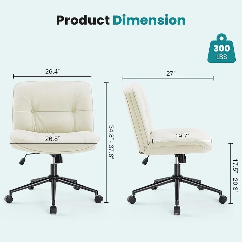Chaise Criss Cross à roulettes, Siège de bureau à domicile en cuir PU sans accoudoirs larges et pieds, Siège de vanité ergonomique roulant et confortable