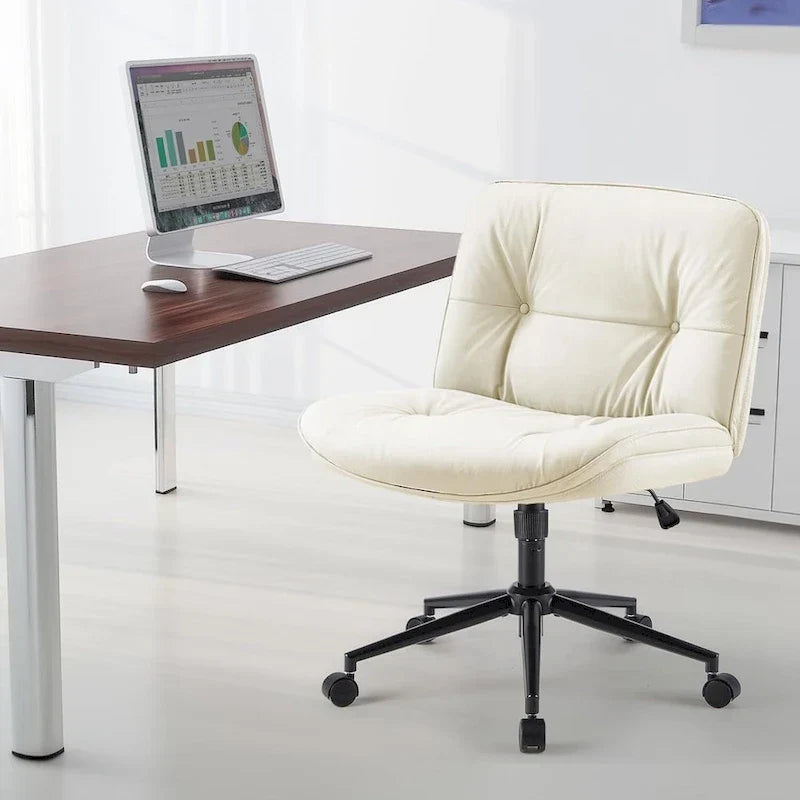 Chaise Criss Cross à roulettes, Siège de bureau à domicile en cuir PU sans accoudoirs larges et pieds, Siège de vanité ergonomique roulant et confortable