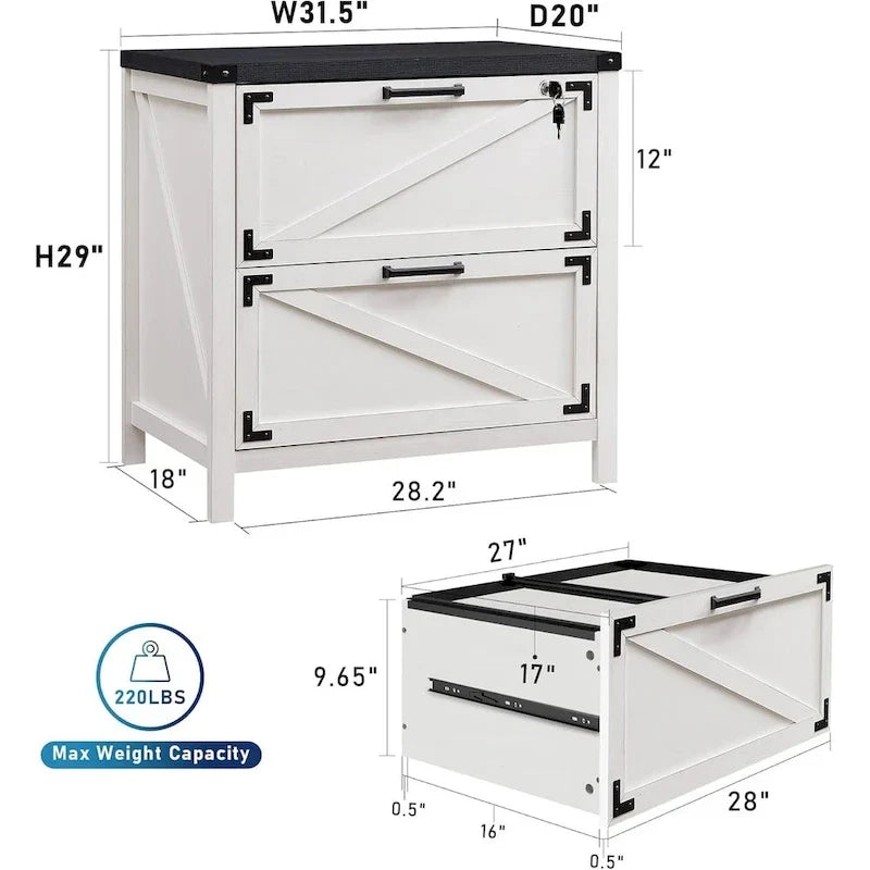 Farmhouse 2 Drawer File Cabinet, Lateral Filing Cabinet with Lock