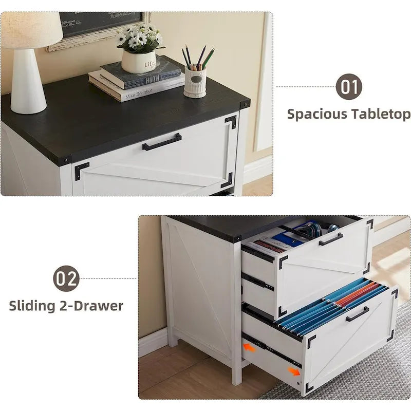 Farmhouse 2 Drawer File Cabinet, Lateral Filing Cabinet with Lock