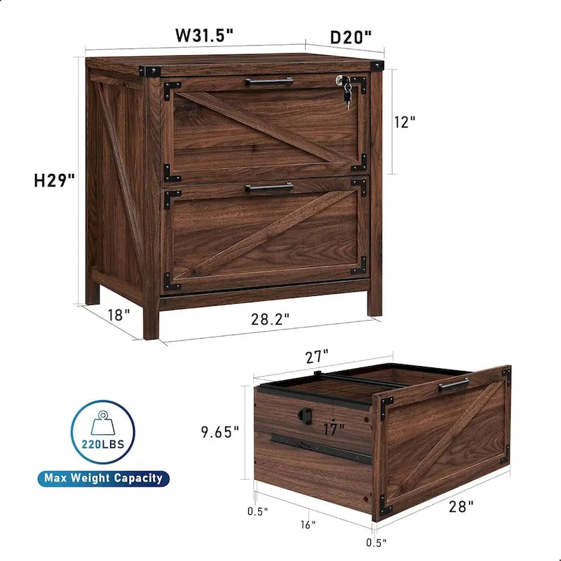 Farmhouse 2 Drawer File Cabinet, Lateral Filing Cabinet with Lock