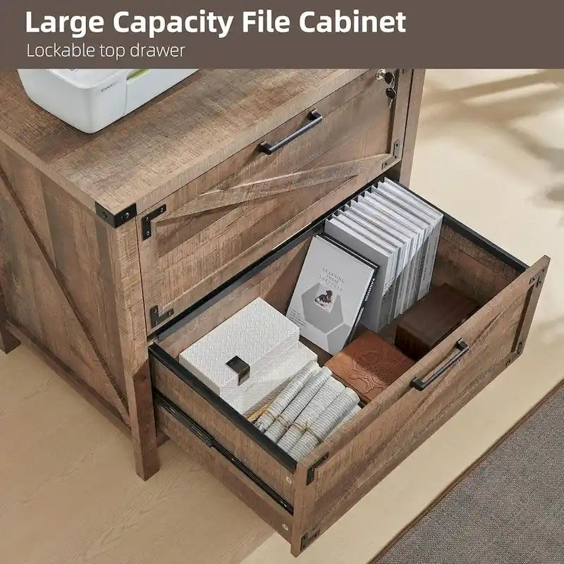 Farmhouse 2 Drawer File Cabinet, Lateral Filing Cabinet with Lock