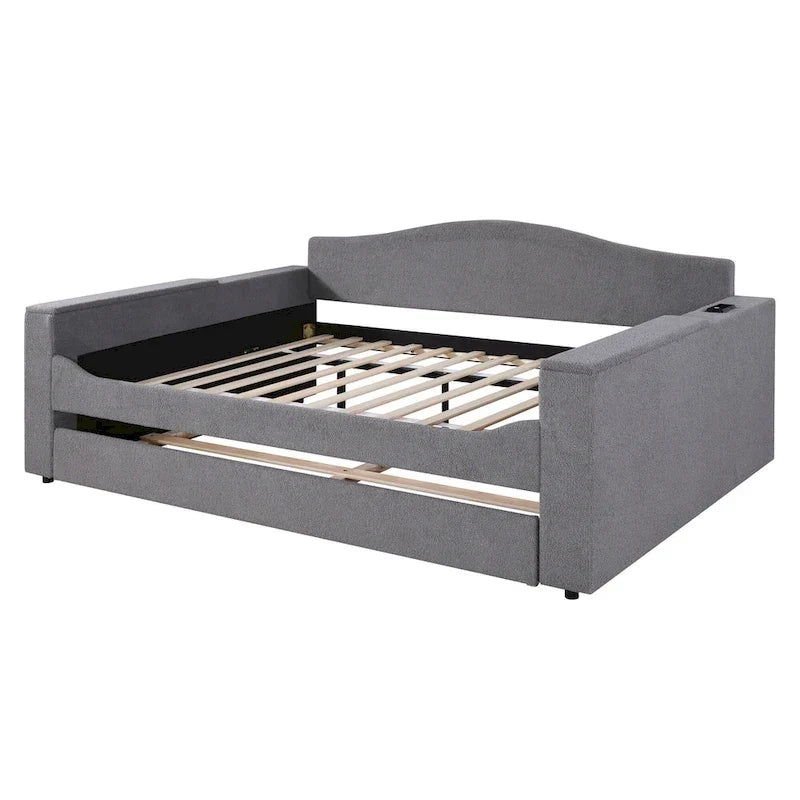 Lit de repos capitonné pour une personne avec accoudoirs de rangement, lit gigogne et système audio Bluetooth intégré dernière génération, en molleton doux, beige