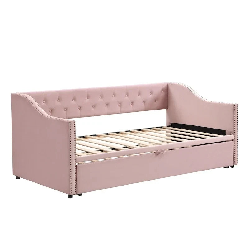 Lit de repos capitonné pour lit jumeau avec lit gigogne escamotable, gris