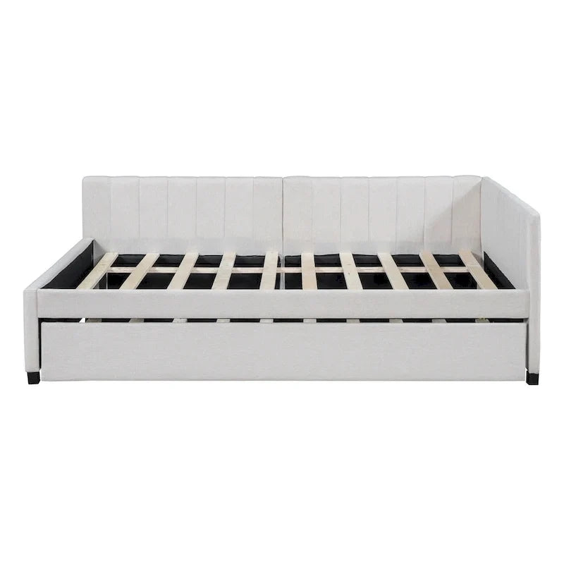 Lit de repos rembourré pleine grandeur avec lit gigogne, aucun sommier tapissier requis, tissu de lin, beige