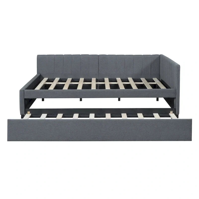 Lit de repos rembourré pleine grandeur avec lit gigogne, aucun sommier tapissier requis, tissu de lin, beige