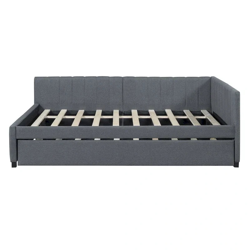 Lit de repos rembourré pleine grandeur avec lit gigogne, aucun sommier tapissier requis, tissu de lin, beige