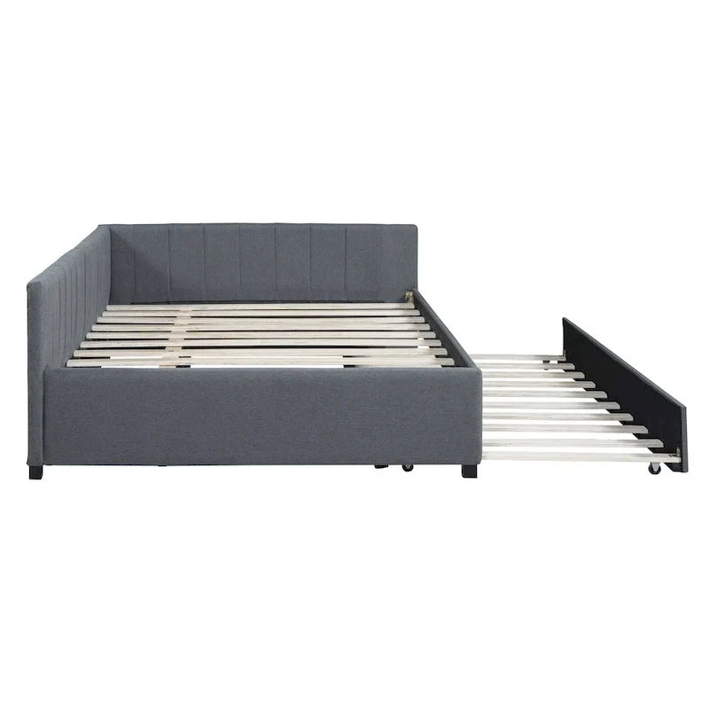 Lit de repos rembourré pleine grandeur avec lit gigogne, aucun sommier tapissier requis, tissu de lin, beige