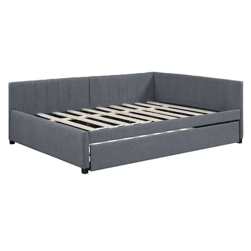 Lit de repos rembourré pleine grandeur avec lit gigogne, aucun sommier tapissier requis, tissu de lin, beige