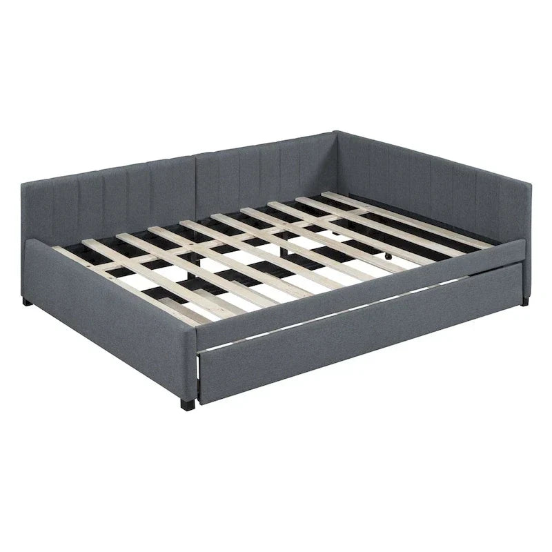 Lit de repos rembourré pleine grandeur avec lit gigogne, aucun sommier tapissier requis, tissu de lin, beige