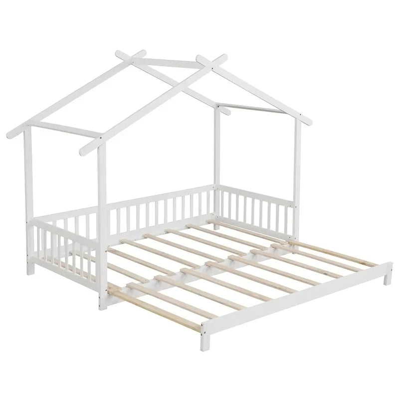 Gymax Lit cabane en bois, taille double à très grand lit avec barrières de sécurité et décors