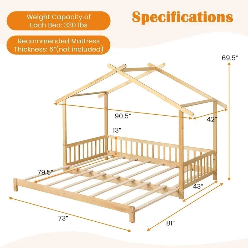 Gymax Lit cabane en bois, taille double à très grand lit avec barrières de sécurité et décors