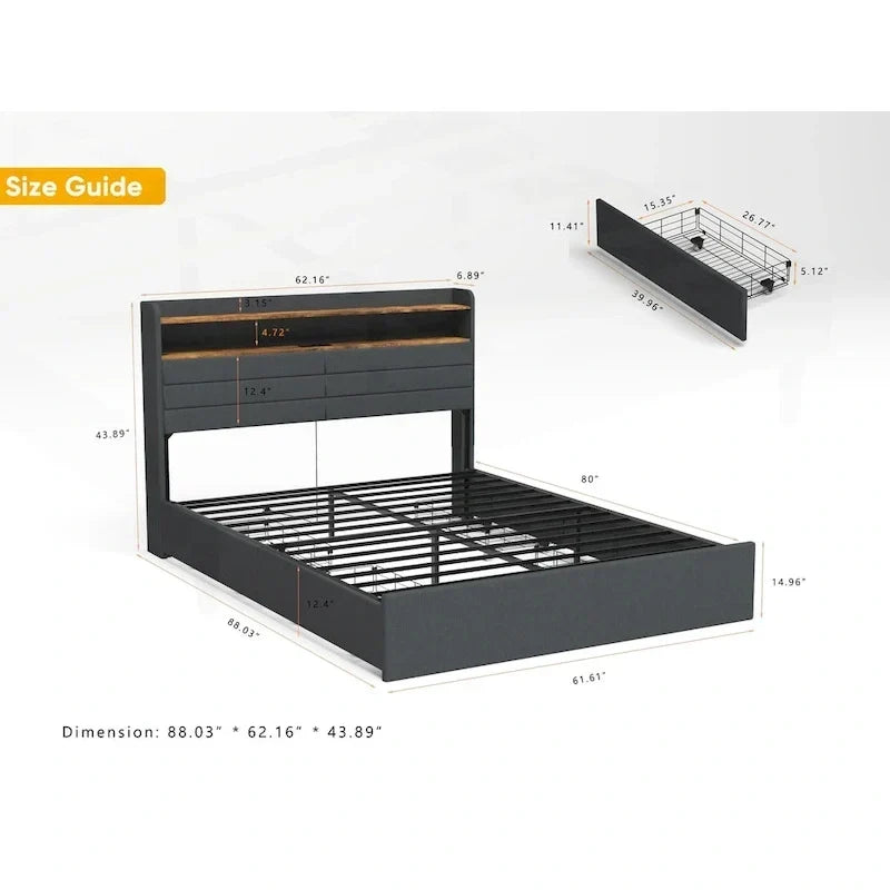 Cadre de lit Queen polyvalent avec de multiples fonctionnalités pour une expérience de chambre optimale